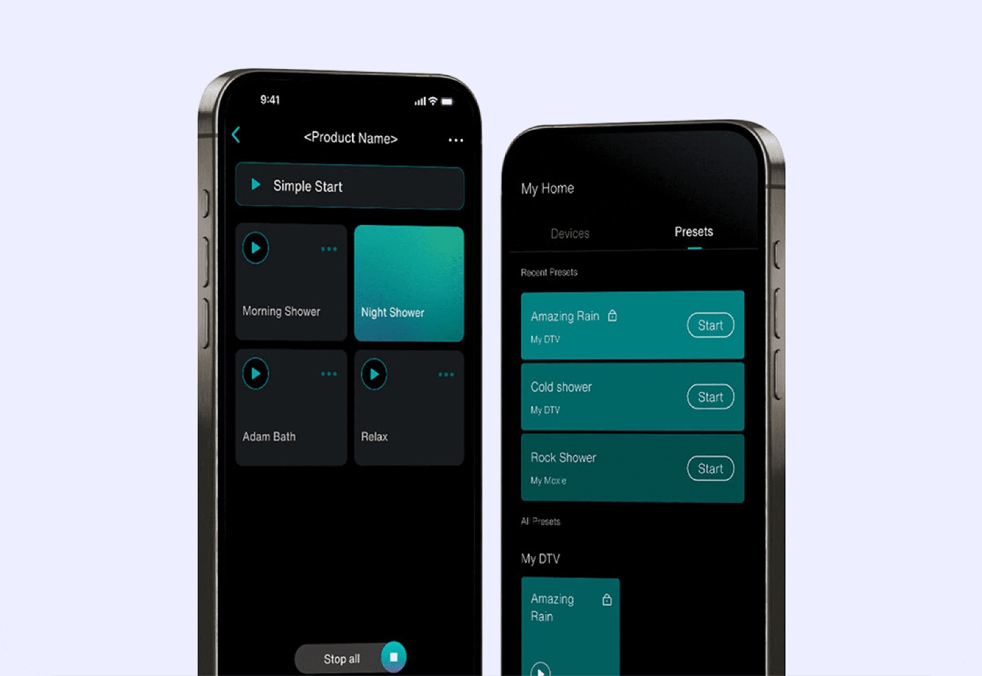 Kohler Konnect app screens on two phones