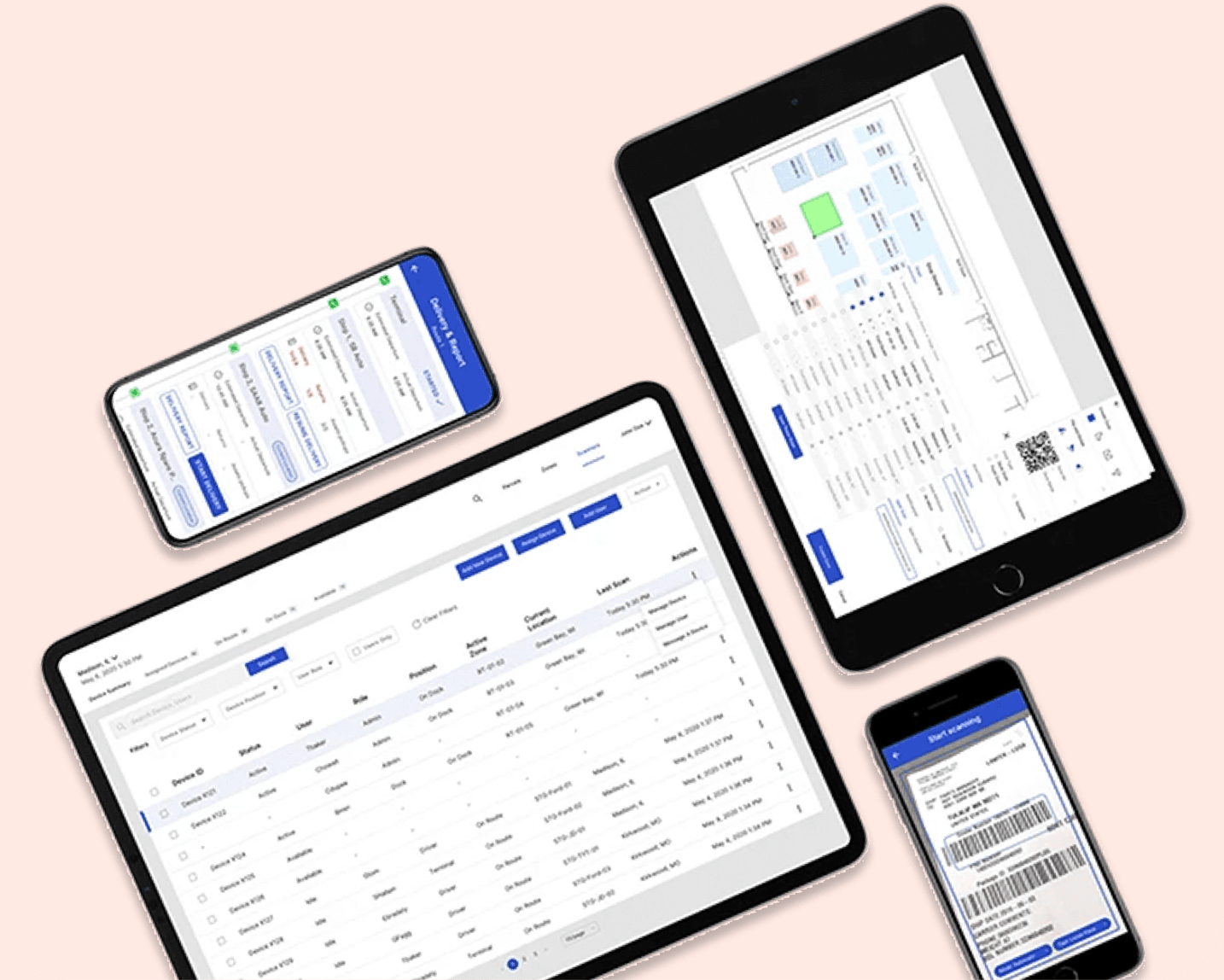 Logistics platform screens across phone and tablets