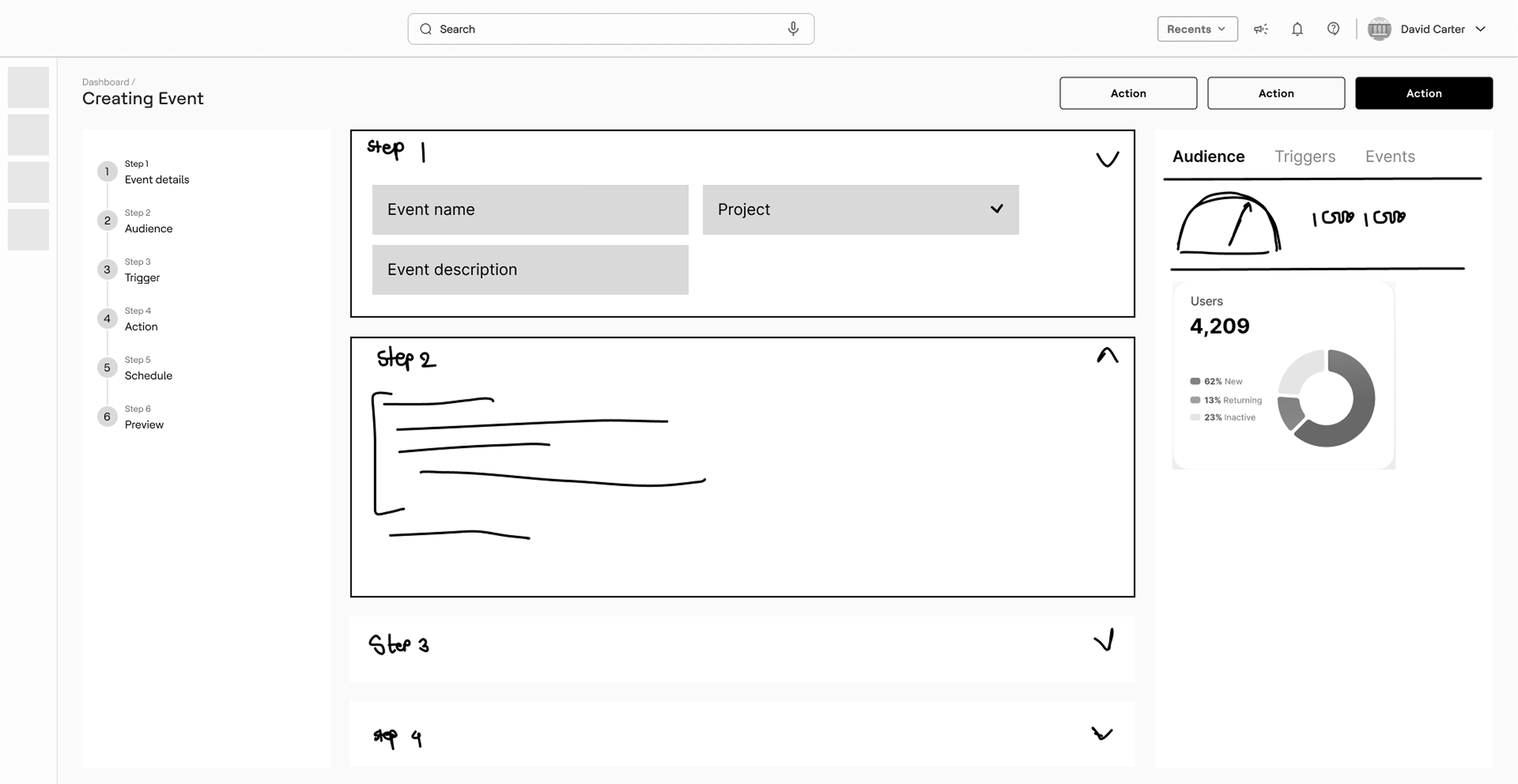 Wireframe: creating event, step accordion