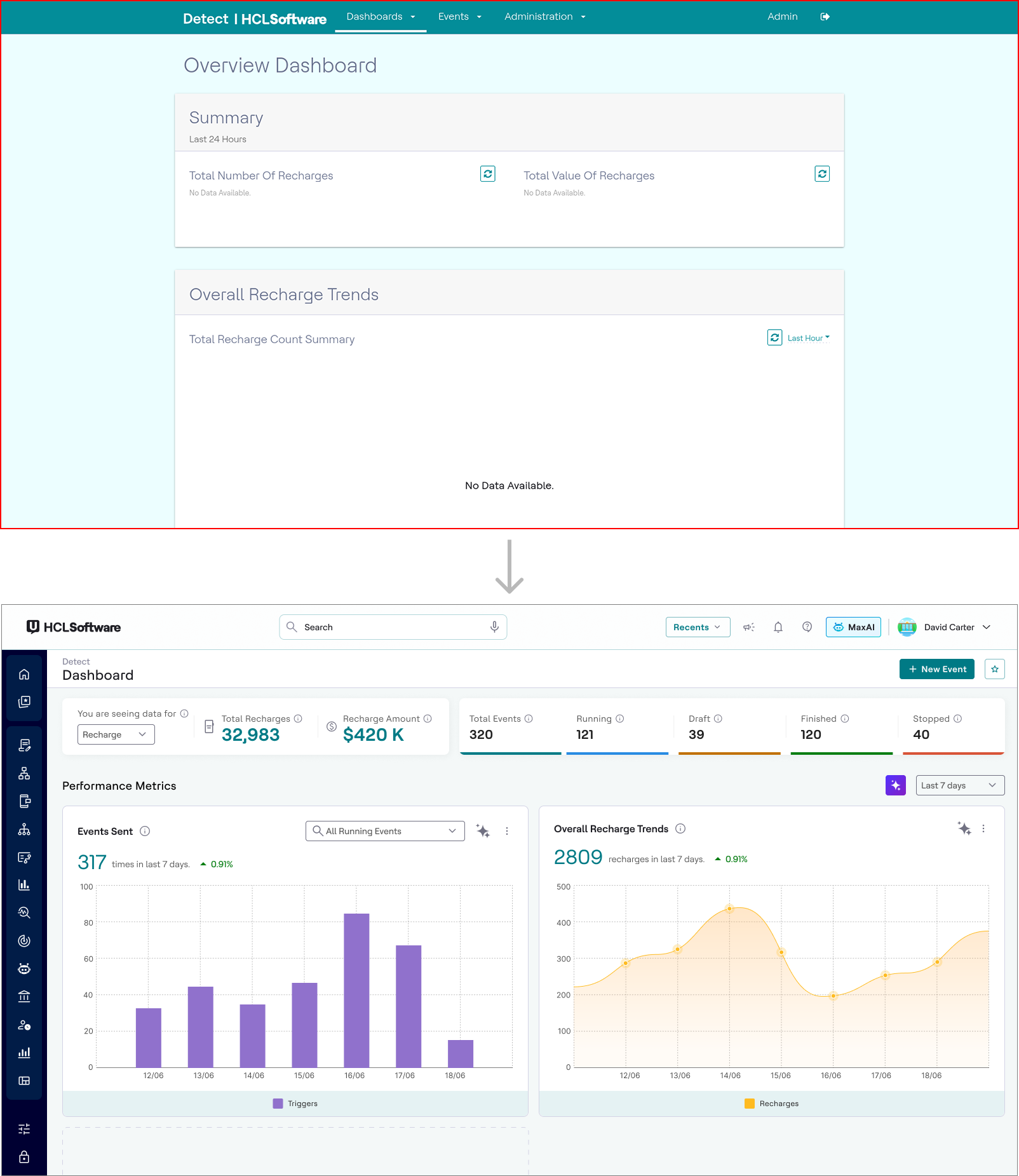 After: redesigned screens on the shared design system